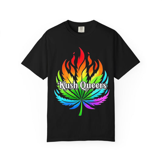 Kush Queers Rainbow Leaf T-Shirt — “Vibes Unmatched” Graphic Tee