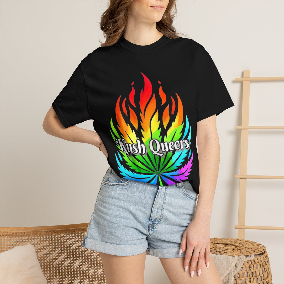Kush Queers Rainbow Leaf T-Shirt — “Vibes Unmatched” Graphic Tee